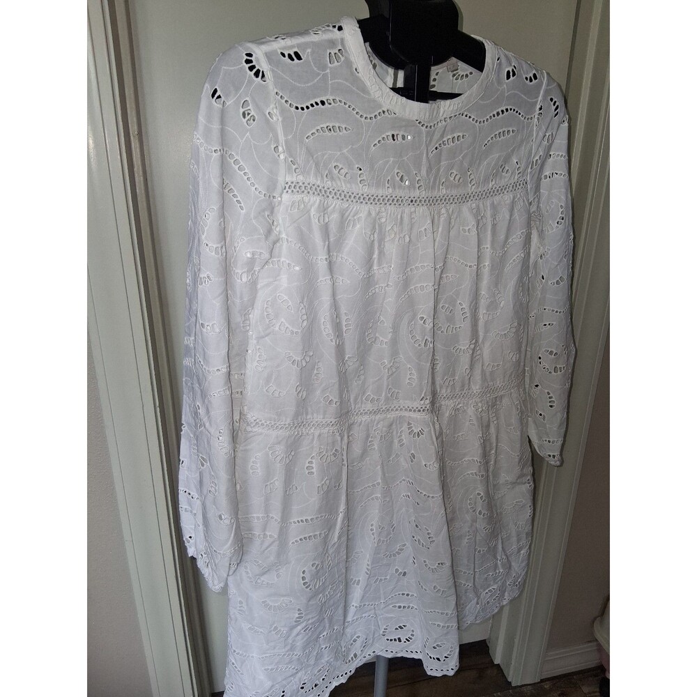NEW! Women's LOFT Eyelet Long Sleeve Mini Tiered Swing Dress, White XS - Picture 5 of 12